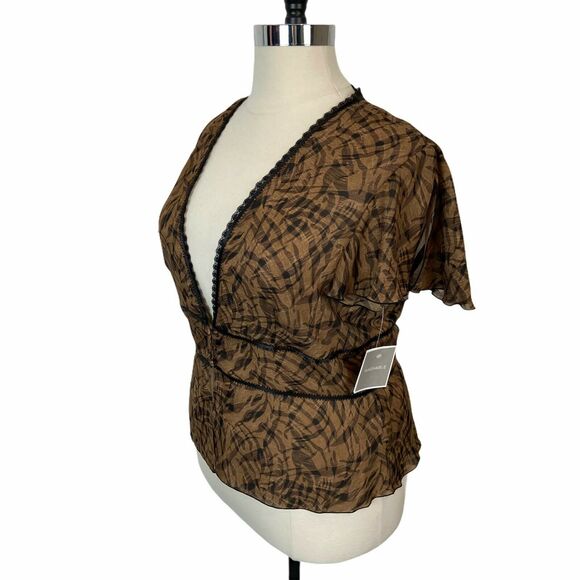 Sag Harbor Top Sheer Brown Black Corset Flutter Sleeve Plunge Neck Size 18 - Picture 1 of 15